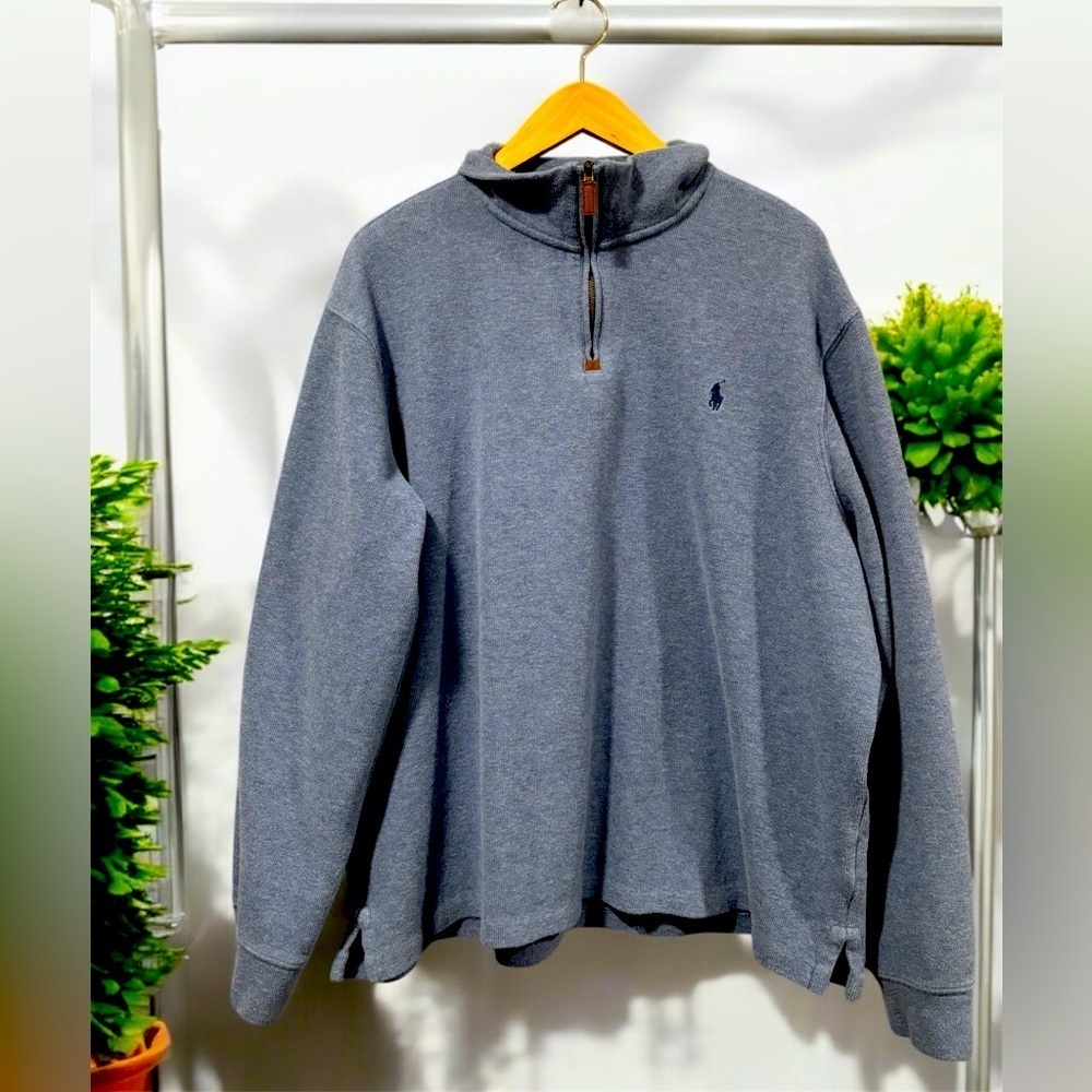 Ralph Lauren 1/4 zip blue pullover with leather pulls size XXL